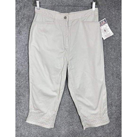 Vintage Bill Blass Embroidered Cropped Cotton Pants Womens Size 14 Stone Pockets - Picture 1 of 9
